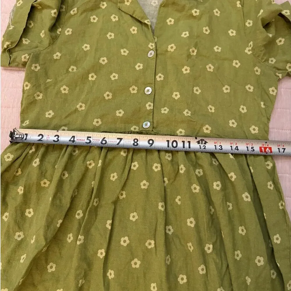Twik Green Floral Linen Blend Button Front Dress Small - Picture 9 of 11
